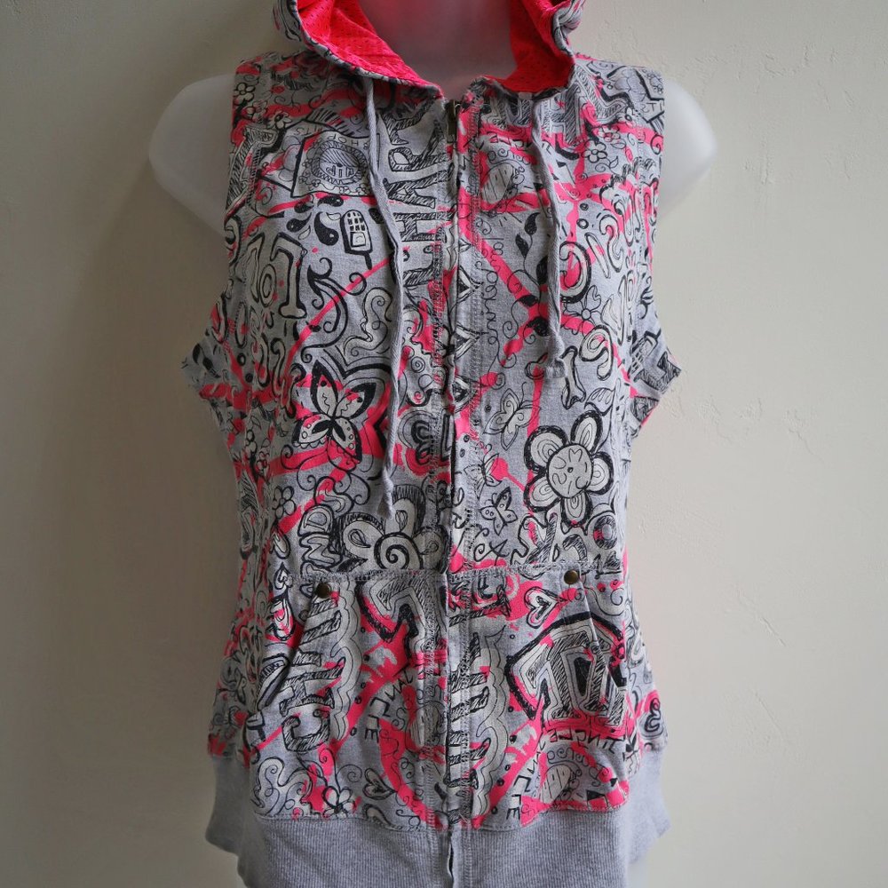 Wet Seal Pink Gray Pop Art Hoodie Vest Zipper Sleeveless Jacket